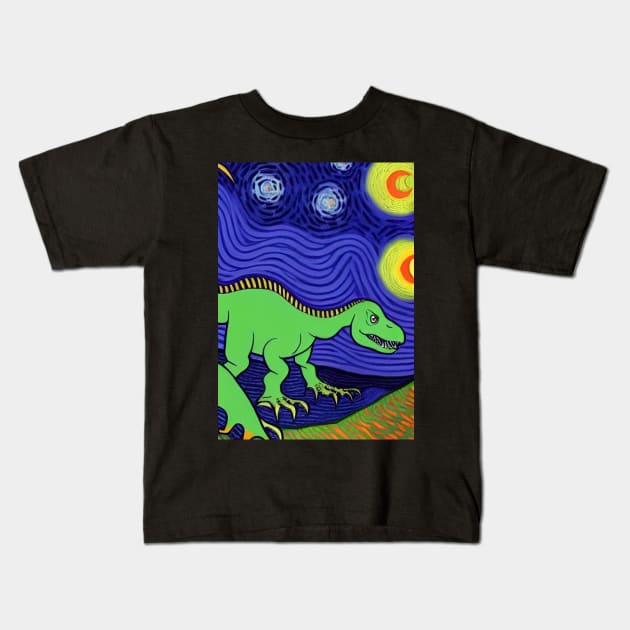 LONG NECKED GREEN DINOSAUR VAN GOGH STYLE Kids T-Shirt by sailorsam1805